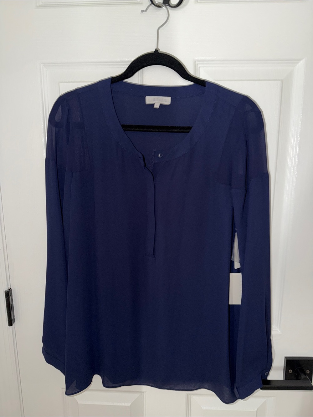 1. State Navy Sheer Henley Long-Sleeve Blouse